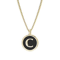 Gold Finish Sterling Silver Black Enamel Initial Necklace on 18" Curb Chain - C