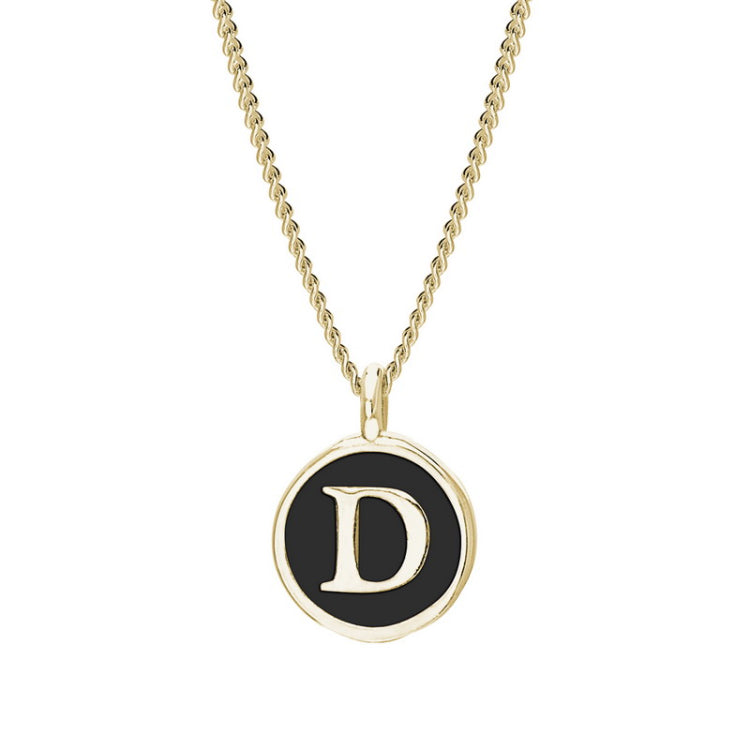 Gold Finish Sterling Silver Black Enamel Initial Necklace on 18" Curb Chain - D