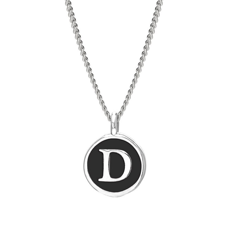 Rhodium Finish Sterling Silver Black Enamel Initial Necklace on 18" Curb Chain - D