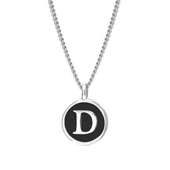 Rhodium Finish Sterling Silver Black Enamel Initial Necklace on 18" Curb Chain - D
