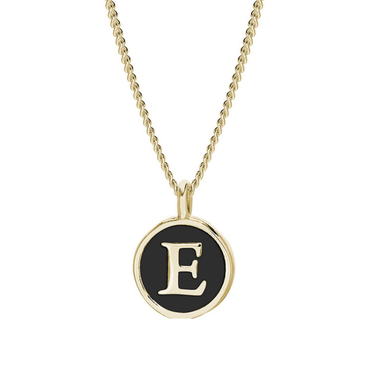 Gold Finish Sterling Silver Black Enamel Initial Necklace on 18" Curb Chain - E