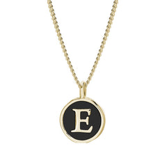 Gold Finish Sterling Silver Black Enamel Initial Necklace on 18" Curb Chain - E