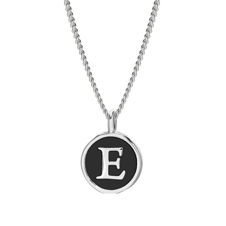 Rhodium Finish Sterling Silver Black Enamel Initial Necklace on 18" Curb Chain - E