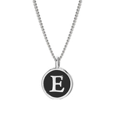 Rhodium Finish Sterling Silver Black Enamel Initial Necklace on 18" Curb Chain - E