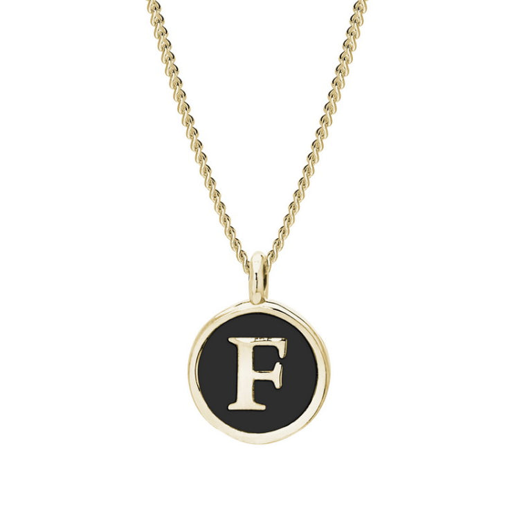 Gold Finish Sterling Silver Black Enamel Initial Necklace on 18" Curb Chain - F
