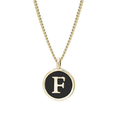 Gold Finish Sterling Silver Black Enamel Initial Necklace on 18" Curb Chain - F