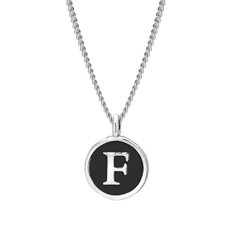 Rhodium Finish Sterling Silver Black Enamel Initial Necklace on 18" Curb Chain - F