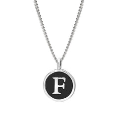 Rhodium Finish Sterling Silver Black Enamel Initial Necklace on 18" Curb Chain - F