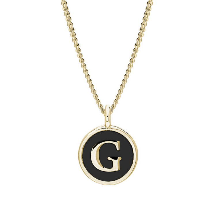 Gold Finish Sterling Silver Black Enamel Initial Necklace on 18" Curb Chain - G