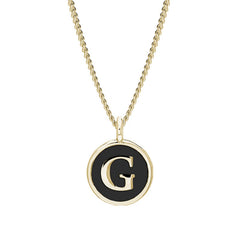 Gold Finish Sterling Silver Black Enamel Initial Necklace on 18" Curb Chain - G