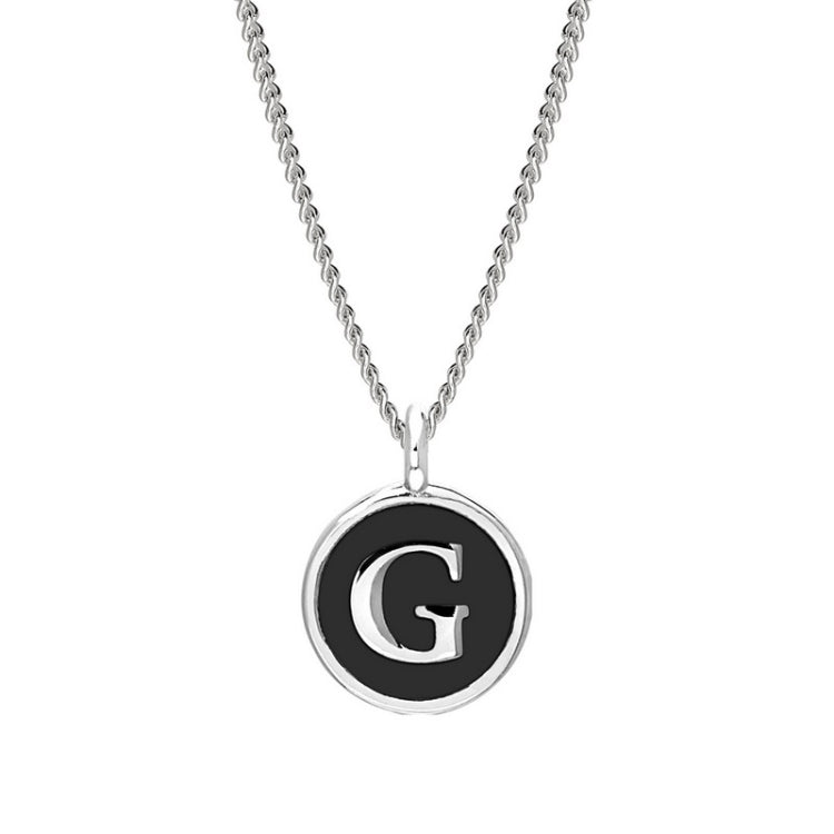 Rhodium Finish Sterling Silver Black Enamel Initial Necklace on 18" Curb Chain - G