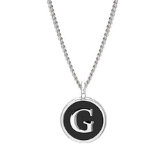 Rhodium Finish Sterling Silver Black Enamel Initial Necklace on 18" Curb Chain - G