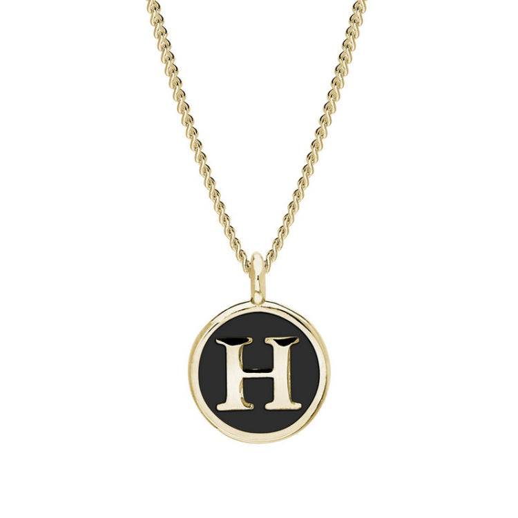 Gold Finish Sterling Silver Black Enamel Initial Necklace on 18" Curb Chain - H