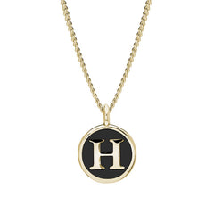 Gold Finish Sterling Silver Black Enamel Initial Necklace on 18" Curb Chain - H