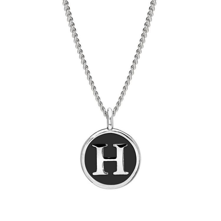 Rhodium Finish Sterling Silver Black Enamel Initial Necklace on 18" Curb Chain - H