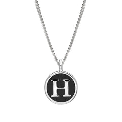 Rhodium Finish Sterling Silver Black Enamel Initial Necklace on 18" Curb Chain - H