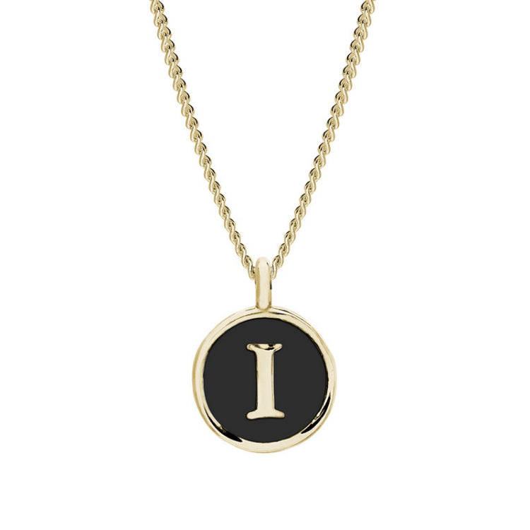 Gold Finish Sterling Silver Black Enamel Initial Necklace on 18" Curb Chain - I