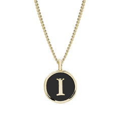 Gold Finish Sterling Silver Black Enamel Initial Necklace on 18" Curb Chain - I