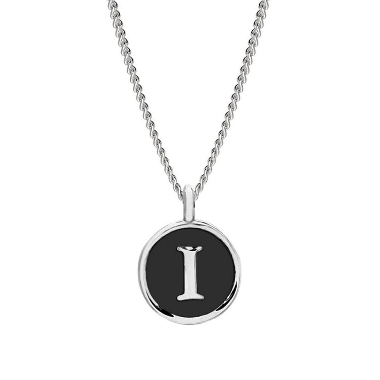 Rhodium Finish Sterling Silver Black Enamel Initial Necklace on 18" Curb Chain - I