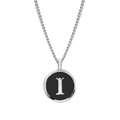 Rhodium Finish Sterling Silver Black Enamel Initial Necklace on 18" Curb Chain - I