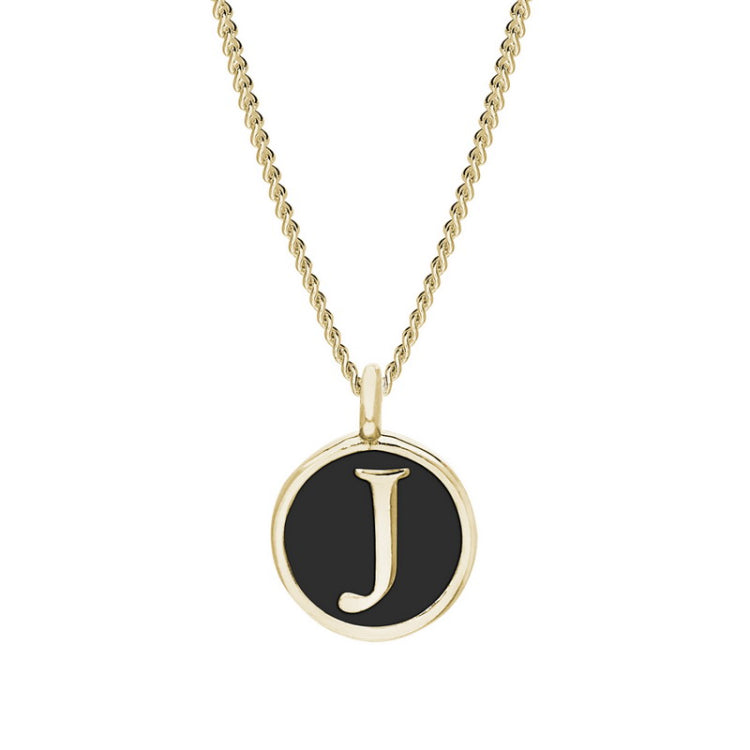 Gold Finish Sterling Silver Black Enamel Initial Necklace on 18" Curb Chain - J