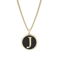 Gold Finish Sterling Silver Black Enamel Initial Necklace on 18" Curb Chain - J