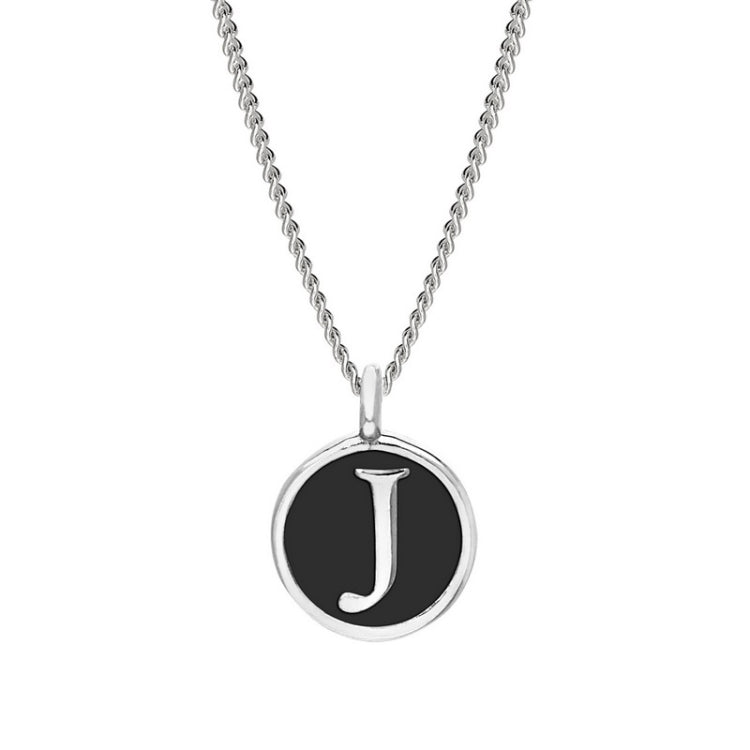 Rhodium Finish Sterling Silver Black Enamel Initial Necklace on 18" Curb Chain - J