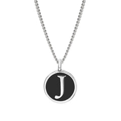 Rhodium Finish Sterling Silver Black Enamel Initial Necklace on 18" Curb Chain - J