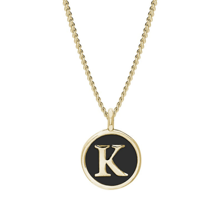Gold Finish Sterling Silver Black Enamel Initial Necklace on 18" Curb Chain - K