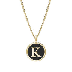 Gold Finish Sterling Silver Black Enamel Initial Necklace on 18" Curb Chain - K