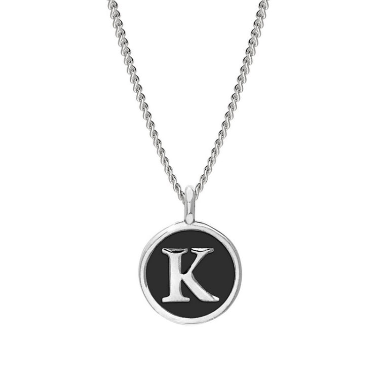 Rhodium Finish Sterling Silver Black Enamel Initial Necklace on 18" Curb Chain - K