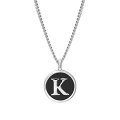 Rhodium Finish Sterling Silver Black Enamel Initial Necklace on 18" Curb Chain - K