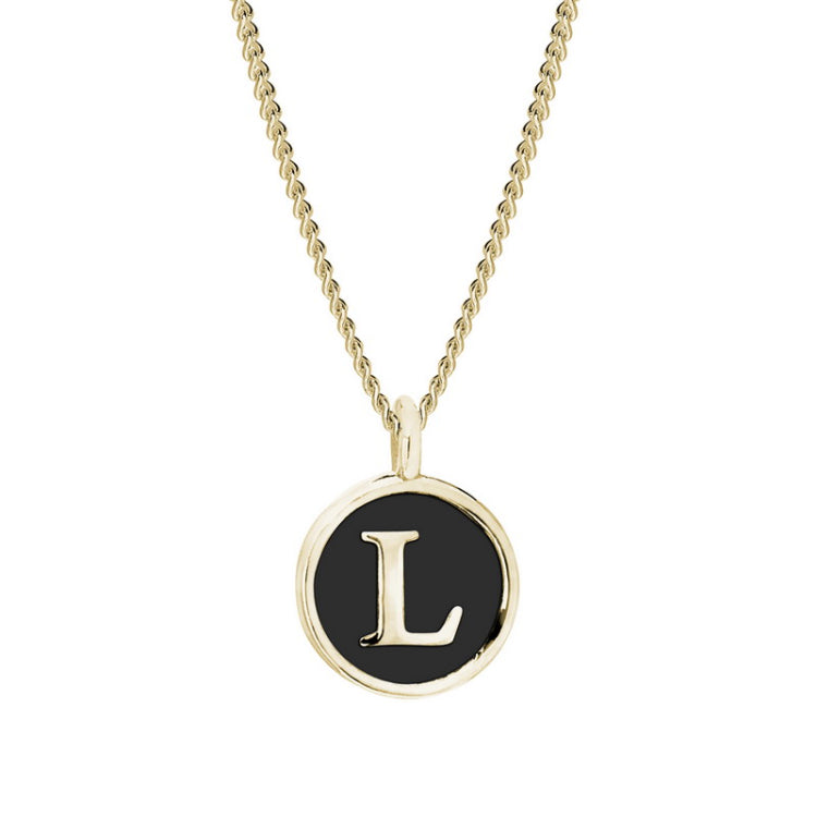 Gold Finish Sterling Silver Black Enamel Initial Necklace on 18" Curb Chain - L