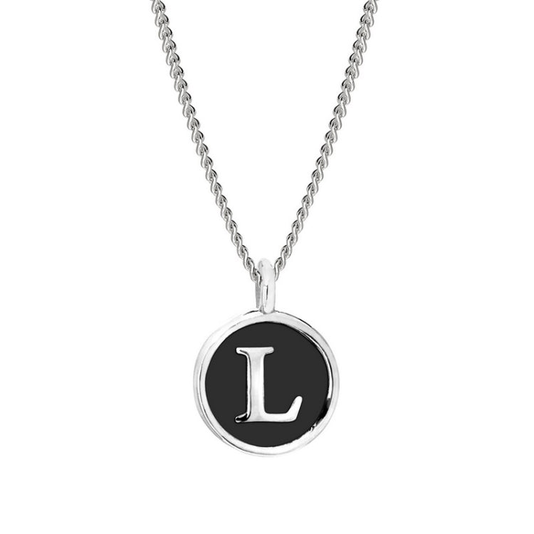 Rhodium Finish Sterling Silver Black Enamel Initial Necklace on 18" Curb Chain - L