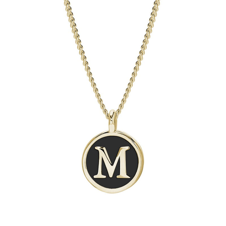 Gold Finish Sterling Silver Black Enamel Initial Necklace on 18" Curb Chain - M