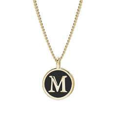 Gold Finish Sterling Silver Black Enamel Initial Necklace on 18" Curb Chain - M