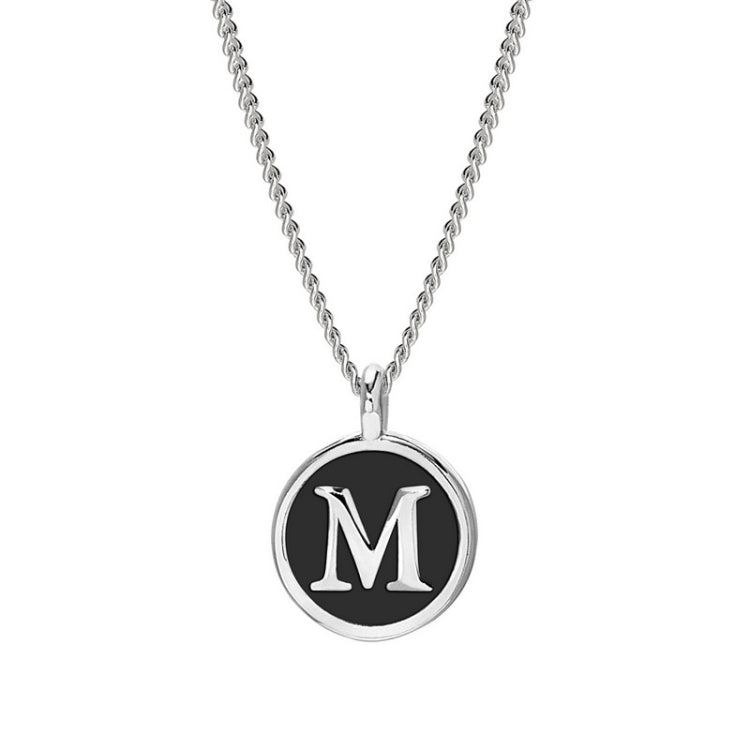 Rhodium Finish Sterling Silver Black Enamel Initial Necklace on 18" Curb Chain - M