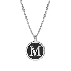 Rhodium Finish Sterling Silver Black Enamel Initial Necklace on 18" Curb Chain - M
