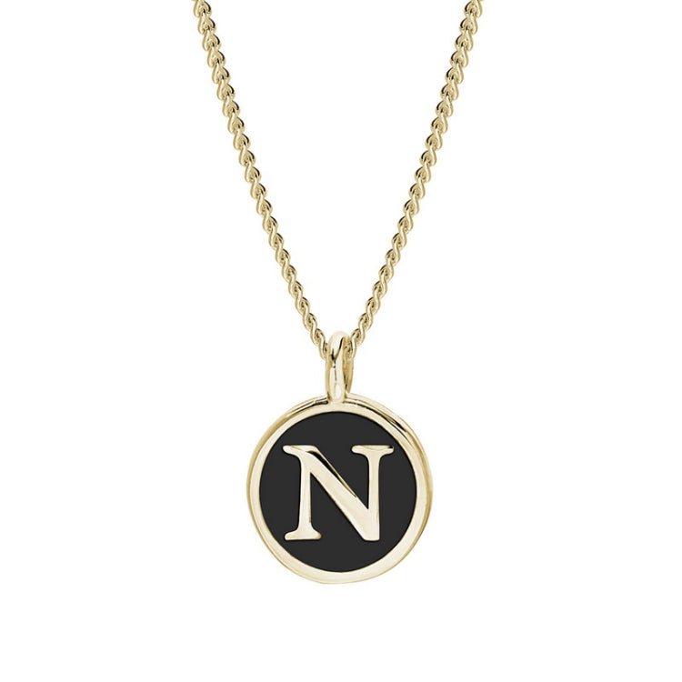 Gold Finish Sterling Silver Black Enamel Initial Necklace on 18" Curb Chain - N