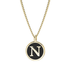 Gold Finish Sterling Silver Black Enamel Initial Necklace on 18" Curb Chain - N