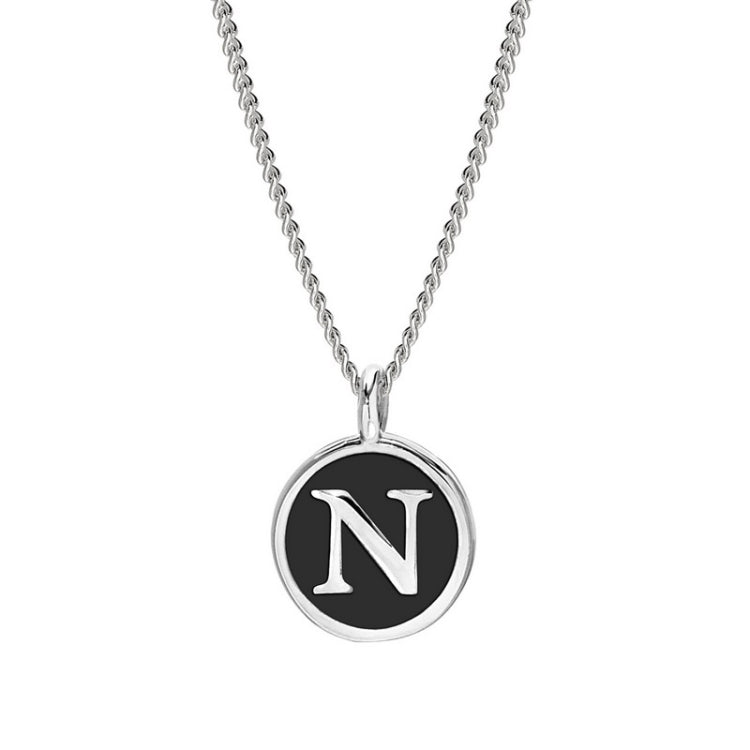 Rhodium Finish Sterling Silver Black Enamel Initial Necklace on 18" Curb Chain - N