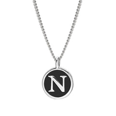 Rhodium Finish Sterling Silver Black Enamel Initial Necklace on 18" Curb Chain - N