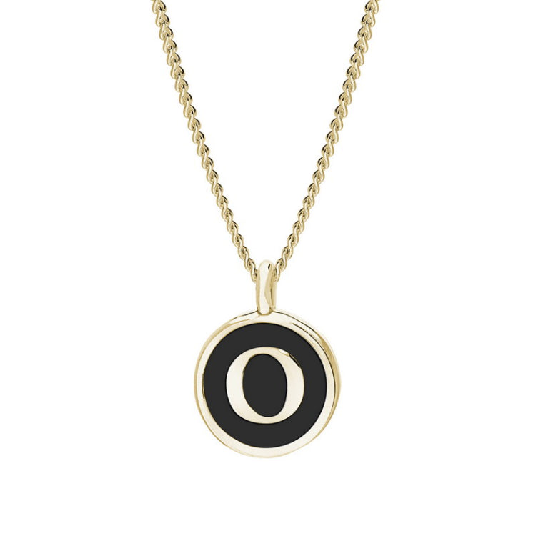 Gold Finish Sterling Silver Black Enamel Initial Necklace on 18" Curb Chain - O