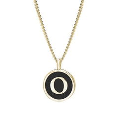 Gold Finish Sterling Silver Black Enamel Initial Necklace on 18" Curb Chain - O
