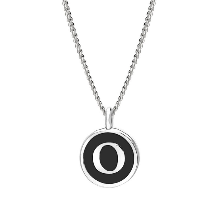 Rhodium Finish Sterling Silver Black Enamel Initial Necklace on 18" Curb Chain - O