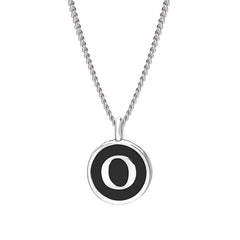 Rhodium Finish Sterling Silver Black Enamel Initial Necklace on 18" Curb Chain - O