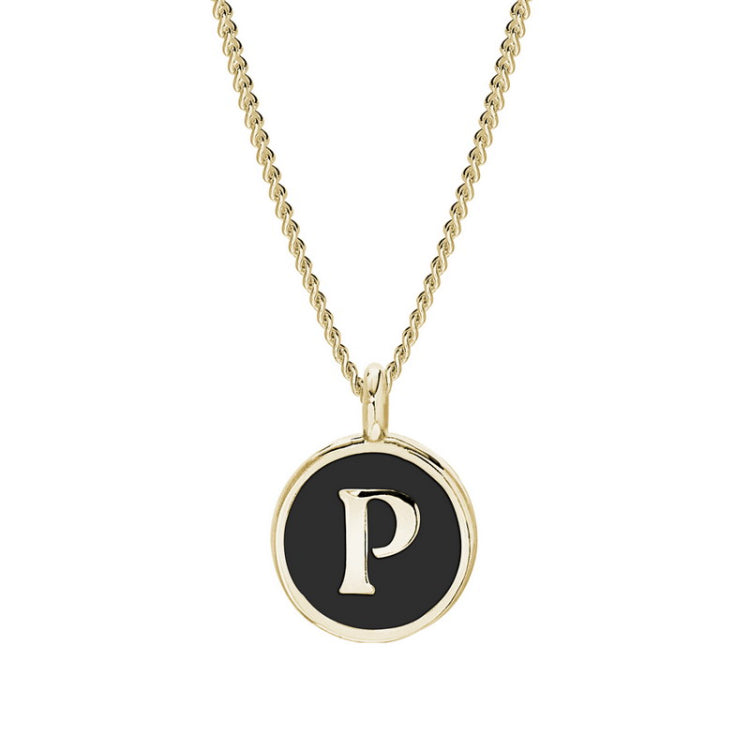 Gold Finish Sterling Silver Black Enamel Initial Necklace on 18" Curb Chain - P