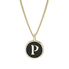 Gold Finish Sterling Silver Black Enamel Initial Necklace on 18" Curb Chain - P