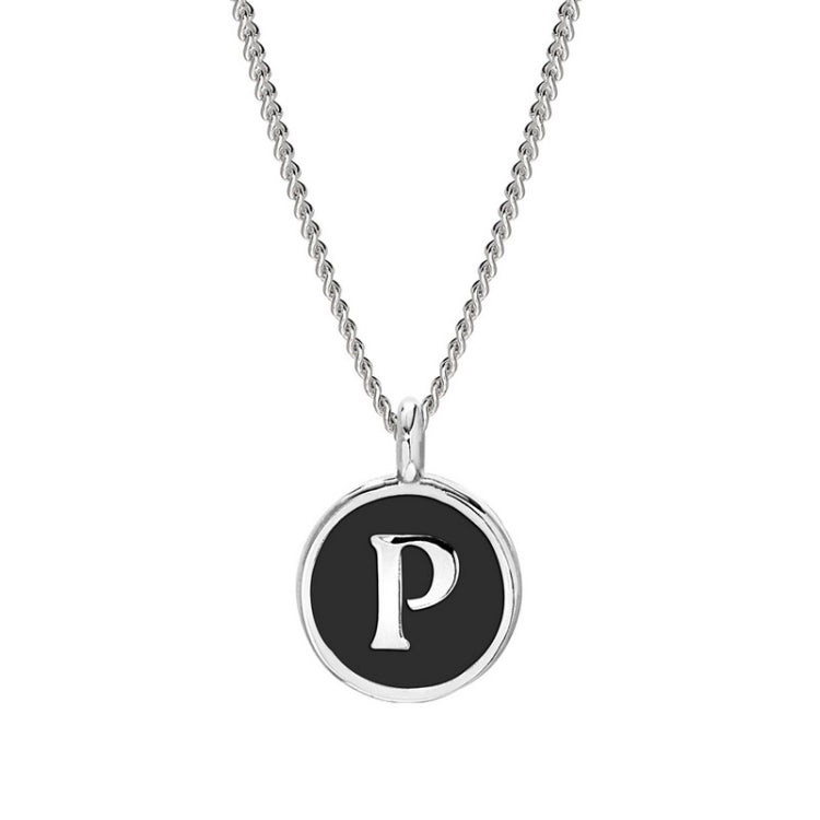 Rhodium Finish Sterling Silver Black Enamel Initial Necklace on 18" Curb Chain - P