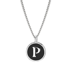 Rhodium Finish Sterling Silver Black Enamel Initial Necklace on 18" Curb Chain - P